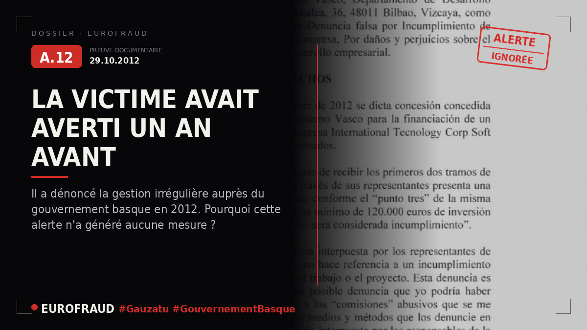 Plainte contre la SPRI Bilbao et le vice-conseiller à l'Industrie